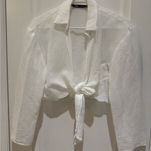Zara White Textured Tie-front Blouse